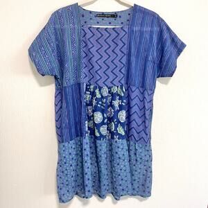 Gudrun Sjoden Organic Cotton Oversized Tunic Top S Blue Patchwork Lagenlook Boho